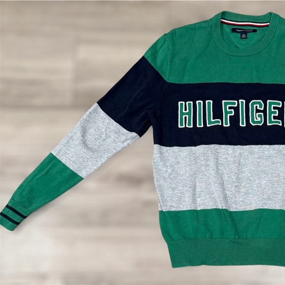 Tommy Hilfiger Logo Sweater Long Sleeve Green Blue Gray XS Preppy Swag - Picture 7 of 8